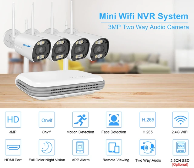 Add-on Cámara de seguridad WiFi Sistema inalámbrico con audio de 2 vías,  cámara IP de 5MP para sistema NVR expandible de 8 canales con adaptador de