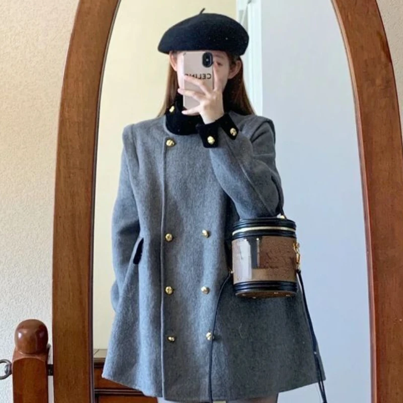 Autumn and winter French Style Woolen Women's Coat Double Breasted Long Sleeve O-Neck Fashion Maternity A-Line Coats Long Jacket