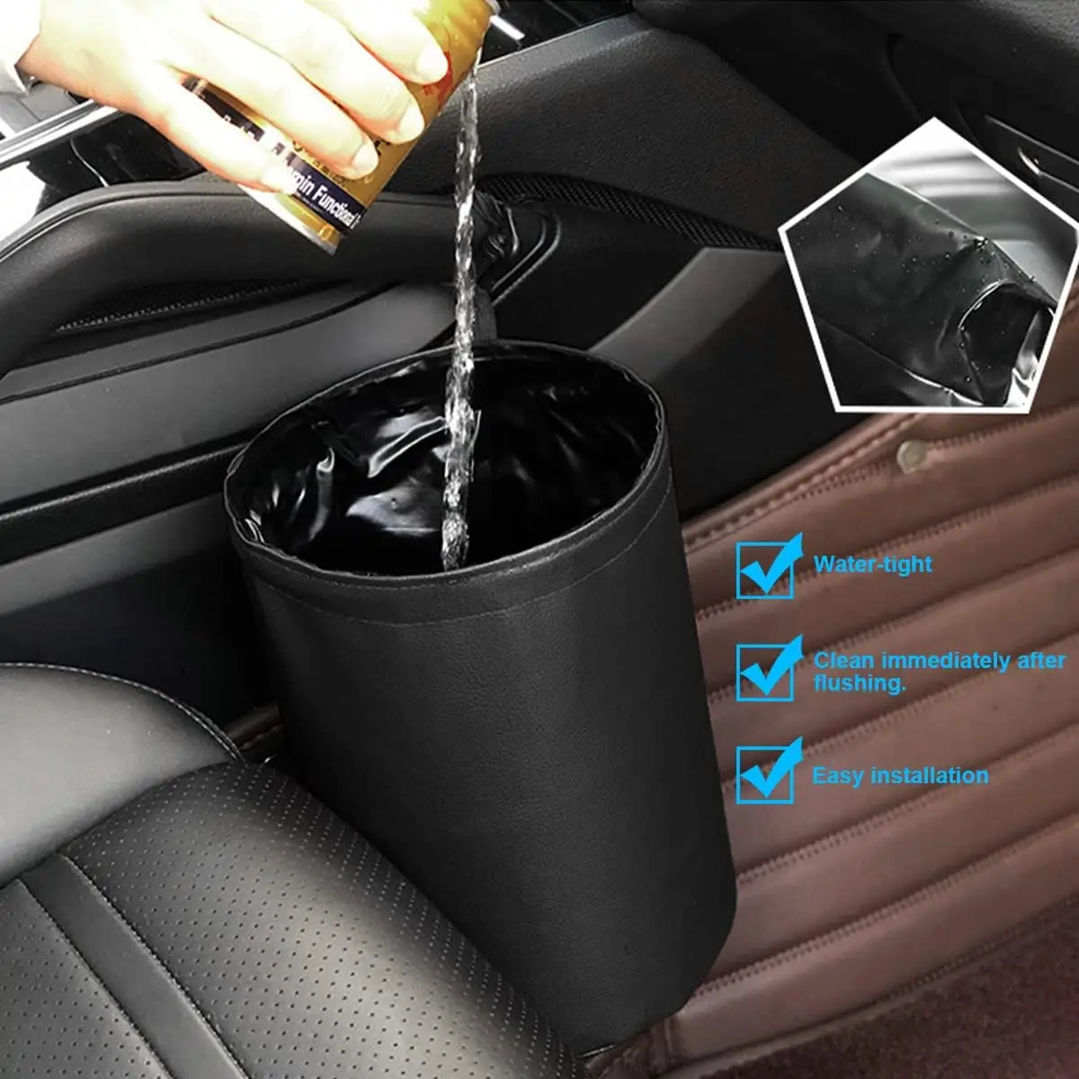 Collapsible Car Rubbish Bin Black Leather Portable Multifunctional Hanging Waterproof Storage Bag