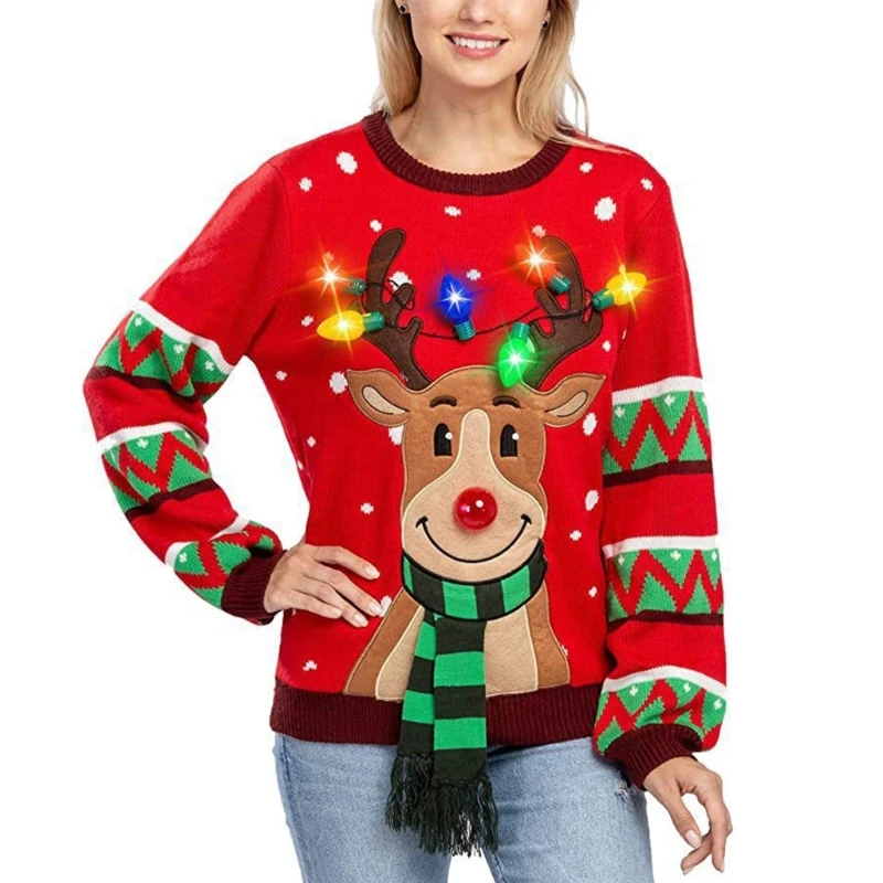 

Women Colorful LED Light Up Christmas Sweater Cartoon Reindeer Holiday Long Sleeve Knitwear Casual Pullover Jumper Top