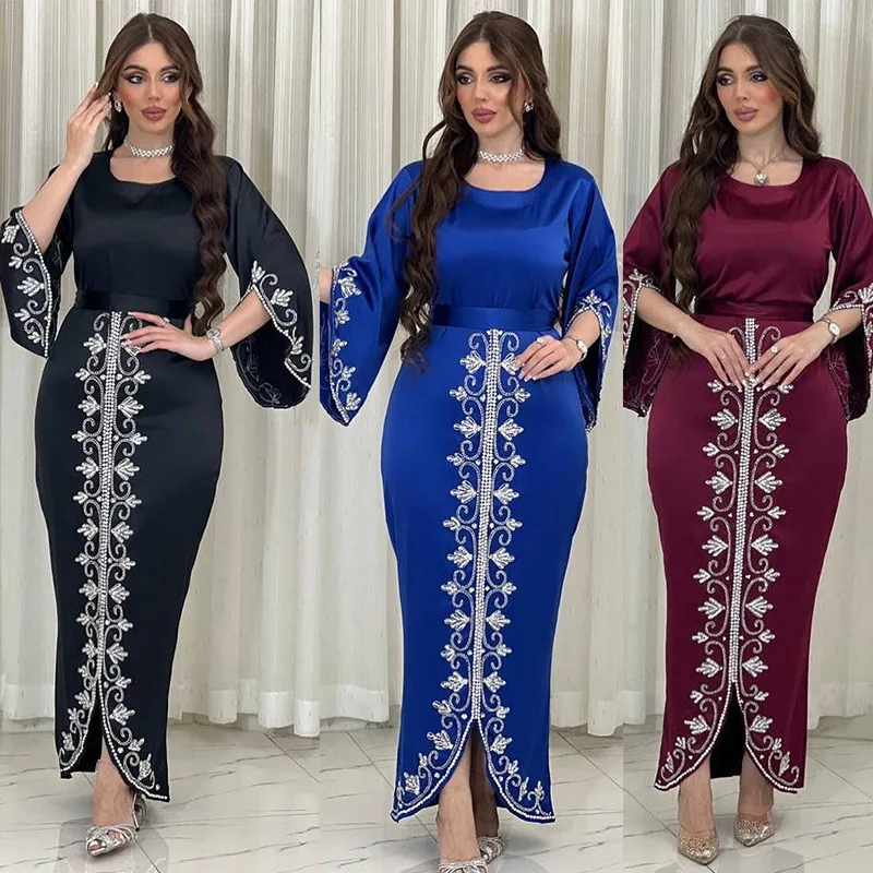 

Eid Muslim Jalabiya Dress for Women Satin Abaya Morocco Party Dresses Woman Ramadan Diamond Kaftan Robe Longue Vestidos Largos