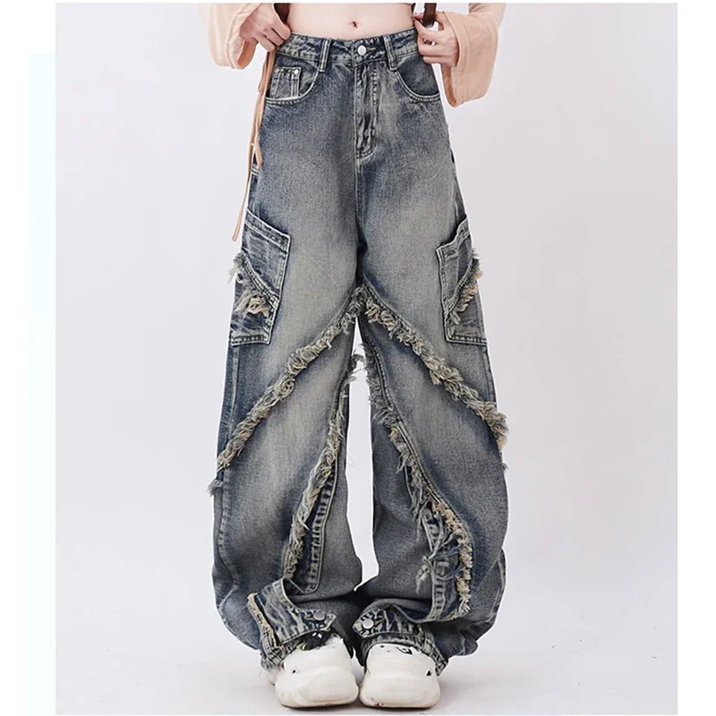 

Wide Leg Jeans Women Denim Pants Spliced Rough Selvedge Y2k Pants Vintage Lace-up Jeans Streetwear Fashion Trousers