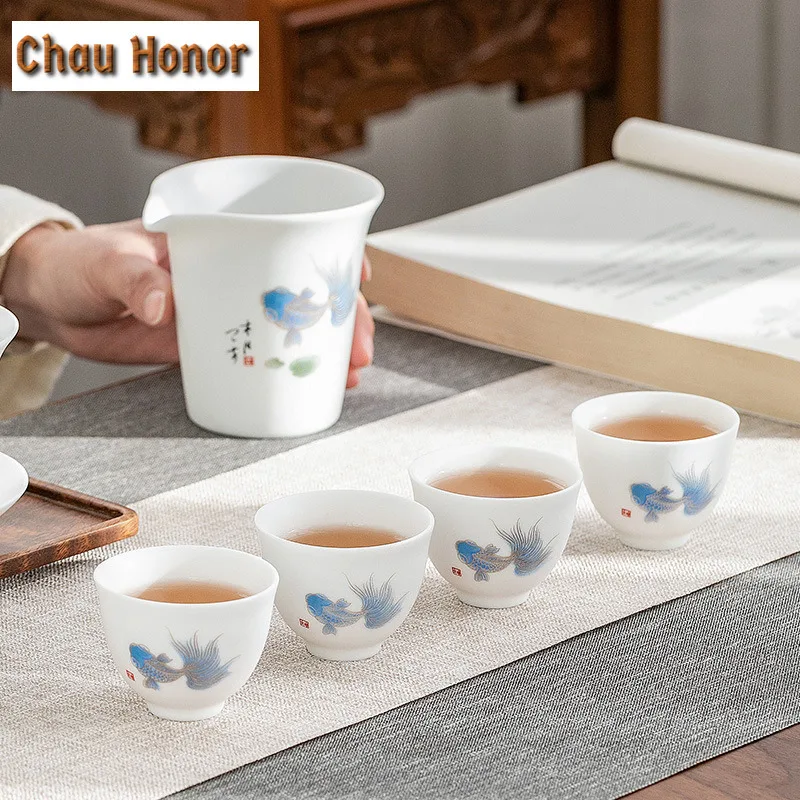 2pc/lot Dehua Whiteware Tea Cup Set Kung Fu Tea Set Koi Fish Tea Cup Individual Cup Master Cup Small Tea Cup Meditation Cup Gift
