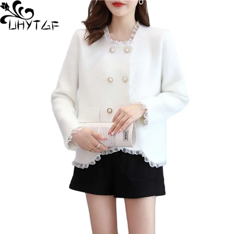 

Пальто UHYTGF осень-зима, Женская куртка из искусственной норки и бархата, женский двубортный вязаный кардиган, женские короткие топы 2175