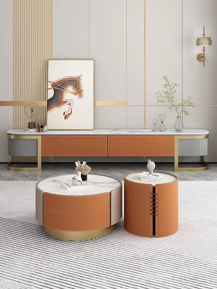 

Rock panel TV cabinet, tea table combination, modern simple saddle leather living room, new Italian style luxury floor cabinet