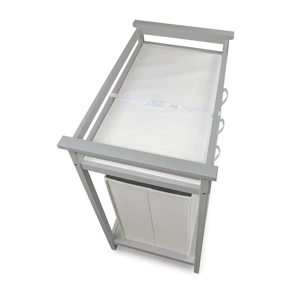 Modern Baby Changing Table with Laundry Hamper, 3 Storage Drawers and Pad, Diaper Change Station-Cool Gray/White