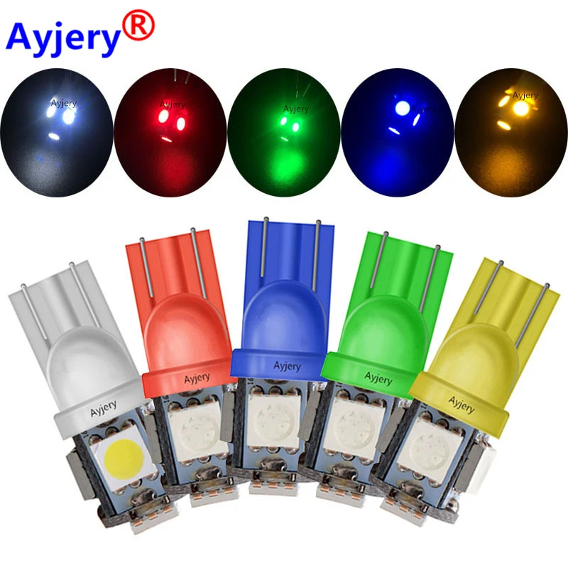 

AYJERY 100pcs/Lot T10 W5W LED Bulb 5050 SMD 5 LED White Blue Red Yellow Green 194 168 Super Bright wedge Lights bulbs Lamps 12V