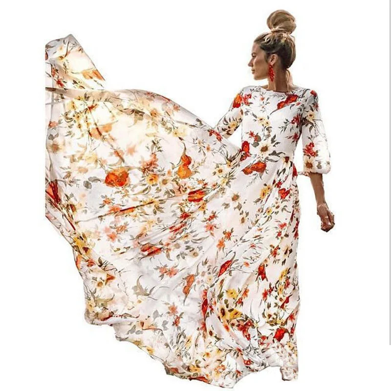 

2023 spring and autumn European and American new dress print big swing elegant chiffon floral slim dress