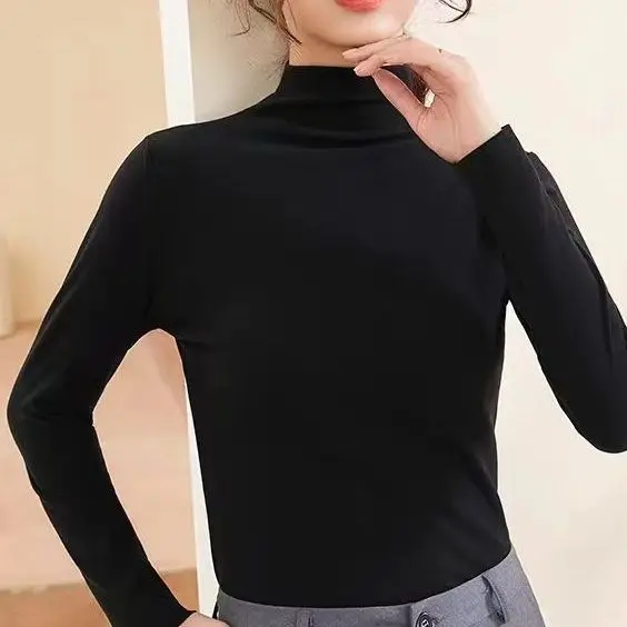 Thickened Velvet Warm Bottoming Shirt Women's Autumn and Winter New Velvet Half Turtleneck T-shirt Top Ins Thermal Underwear