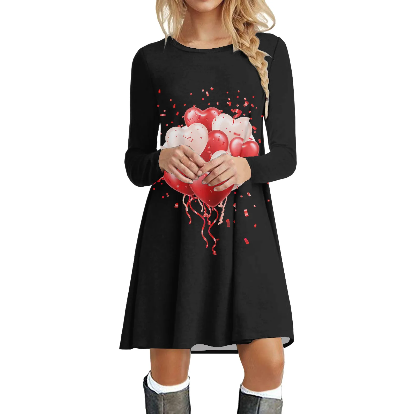 

Women Casual Fashion Valentine's Day Print Round Neck Long Sleeve Tunic Dress Travel Dresses for Women