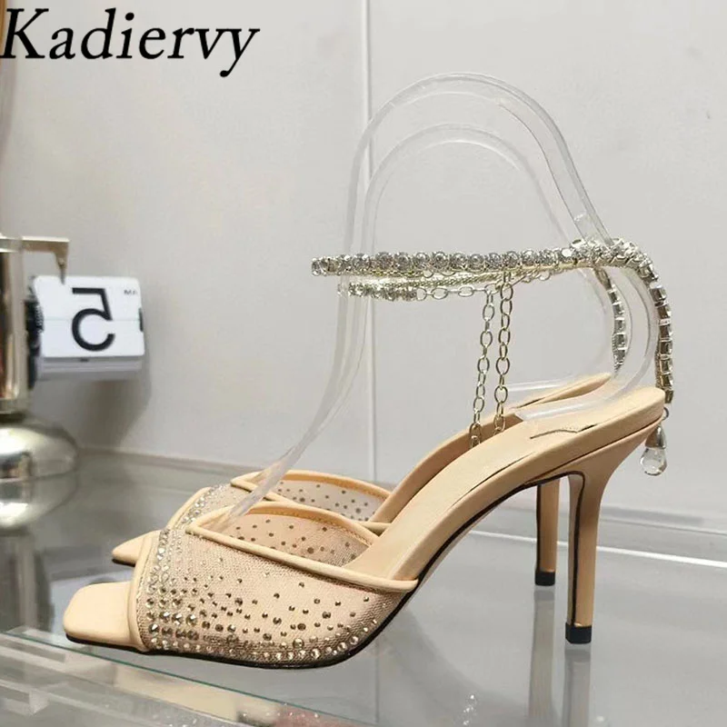 

Sexy High Heels Gladiator Sandals Women Rhinestone Ankle Strap Wedding Shoes Summer Stiletto Mesh Crystal Sandals Woman