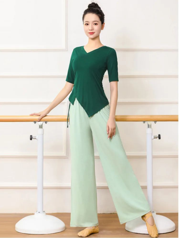 

Solid Color Latin Dance Practice Suit Stage Ballroom Jazz Competition Costume Line Short Sleeves Drawstring Top Women Waltz Pant