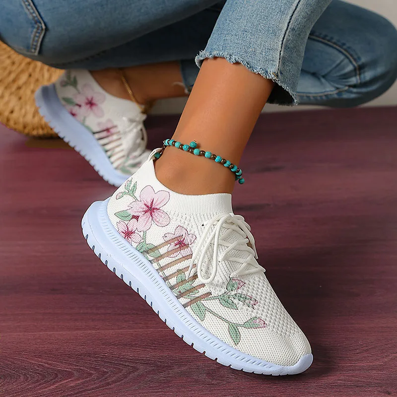 Fashion Printed Knitted Sneakers Women New Lightweight Breathable Flats Woman Lace-Up Non-Slip Ladies Sports Shoes women sneakers