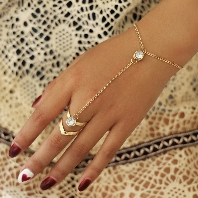 Vintage Gold Zircon Bracelet Ring Wrist Chain Jewelry Fashion Hand Back Bangles Female Women Arrow chain bracelet,zircon bracelets,cubic zirconia bracelet