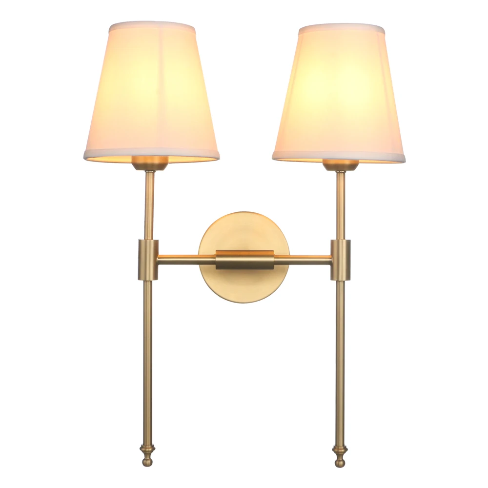 

Permo Classic Rustic Double Sconce 2-Light Wall Sconce with Flared White Textile Lamp Shade and Antique Brass Finished Long Arm