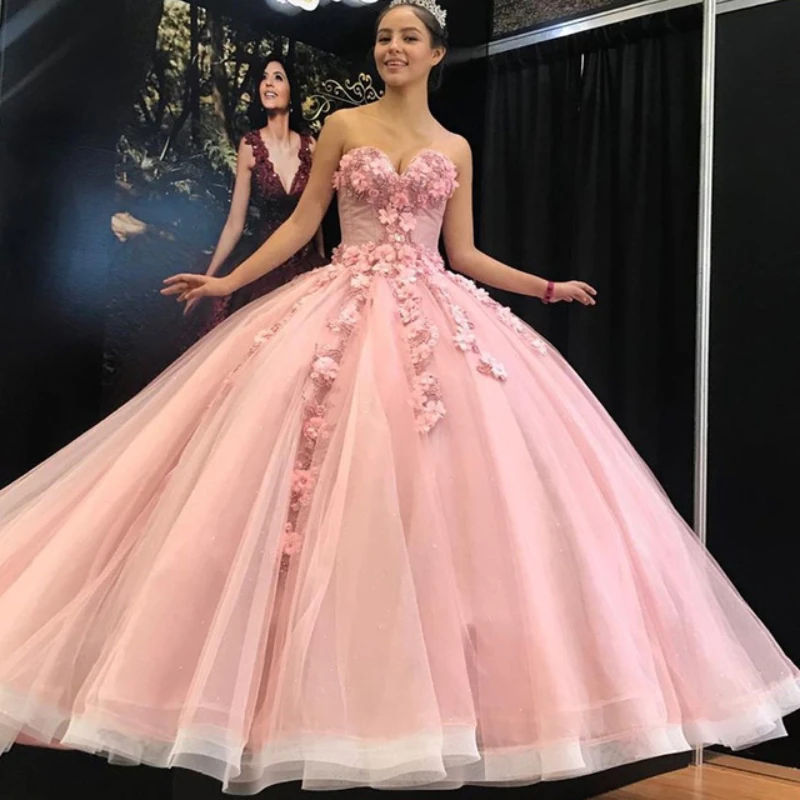

ANGELSBRIDEP Pink Vestidos De 15 Años Ball Gown Quinceanera Dresses With 3D Flowers Appliqued Beaded Sweet 16 Dress Party Gowns