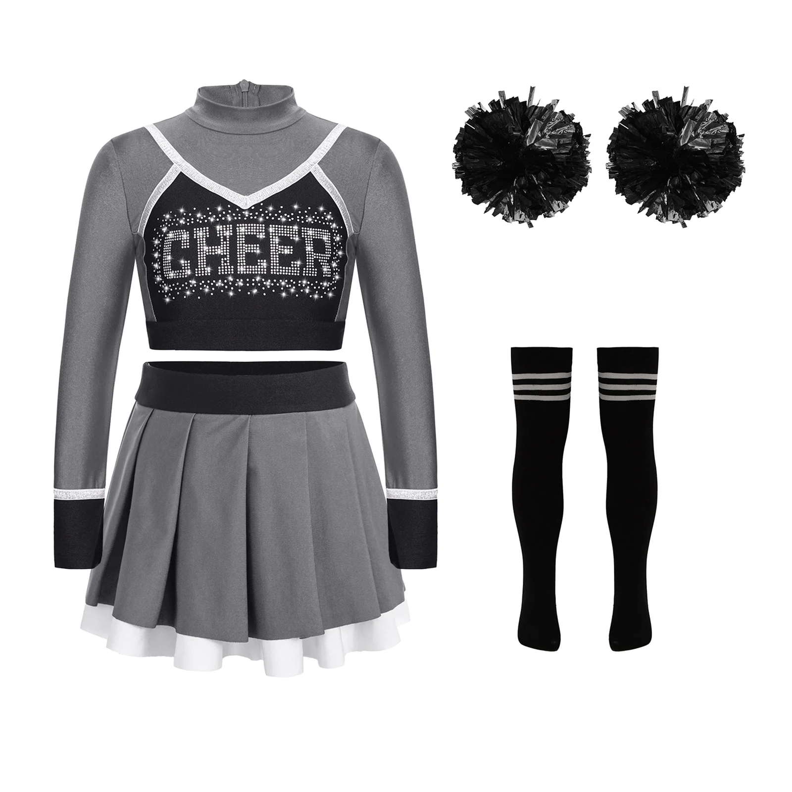 Kid Girls Cheerleading Uniform Cheerlead Dance Outfit Crop Top Pleated Skirt Flower Balls Socks for Cheering Team Dancewear Sets
