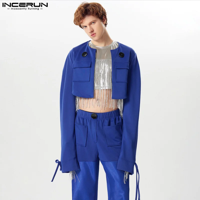 

INCERUN Tops 2024 American Style Handsome Mens Cropped Large Button Jackets Coats Casual Fashion O-neck Silhouette Jackets S-5XL