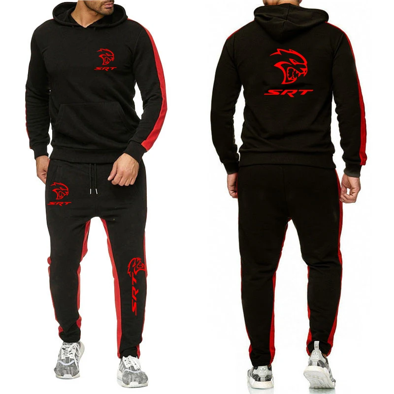 SRT Hellcat 2022 Men's New Printed Solid Color Cotton Pullover Hoodies Tops+Pants Drawstring Leisure Sportswear Two Pieces Suit