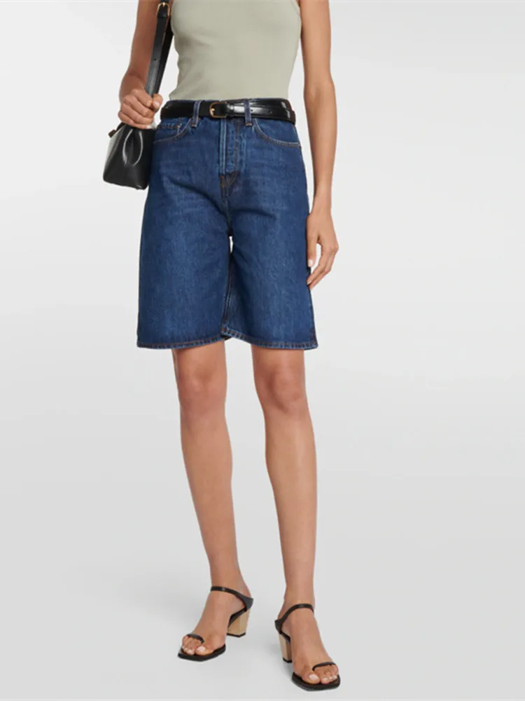 

New Cotton Denim Knee Length Pants for Women Classic Straight Wide Leg Short Jeans Female Trousers for Summer