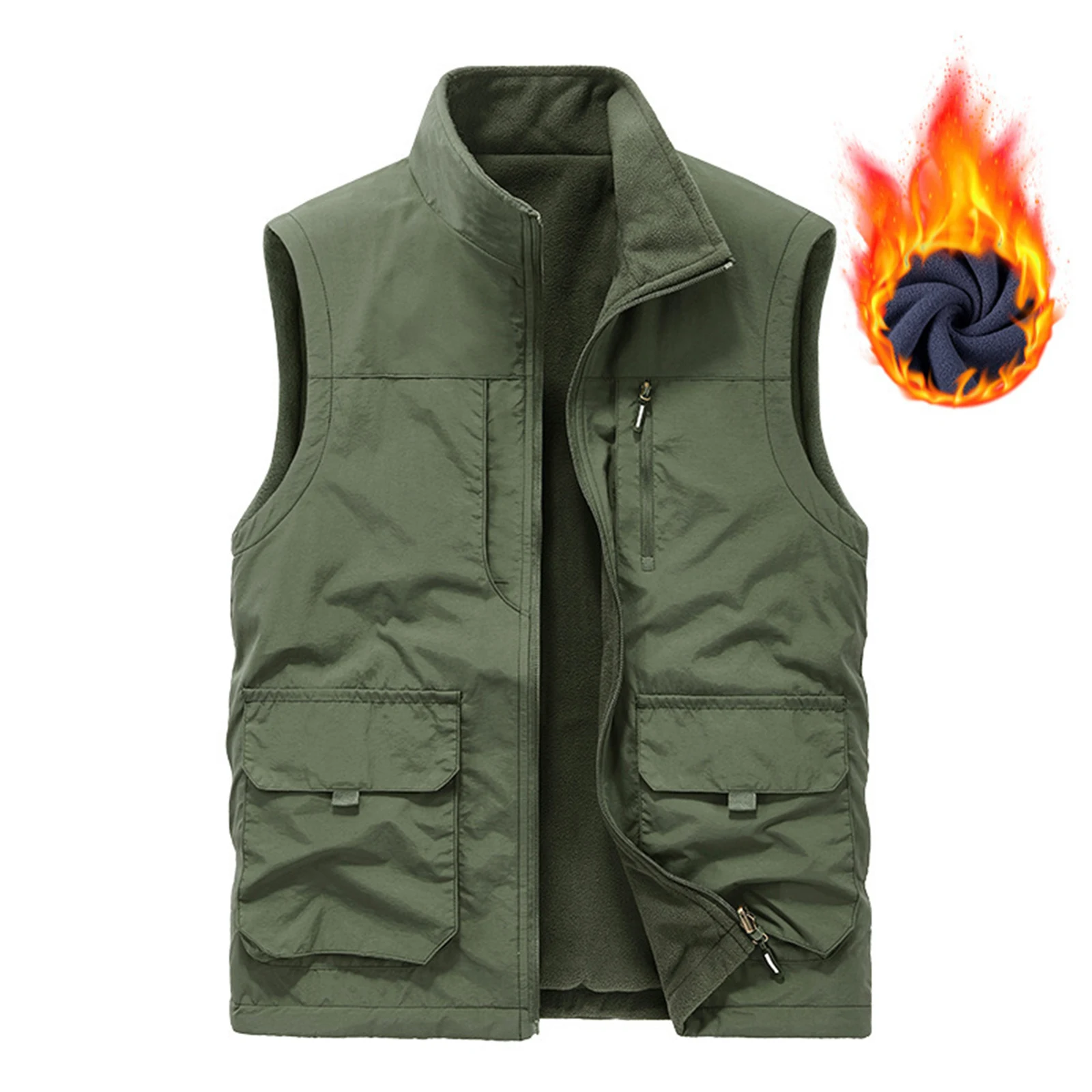 Multi Pocket Velvet Vest Men'S Outdoor Solid Color Zipper Vest Winter Outdoor Warm Sleeveless Jacket Men'S Jacket