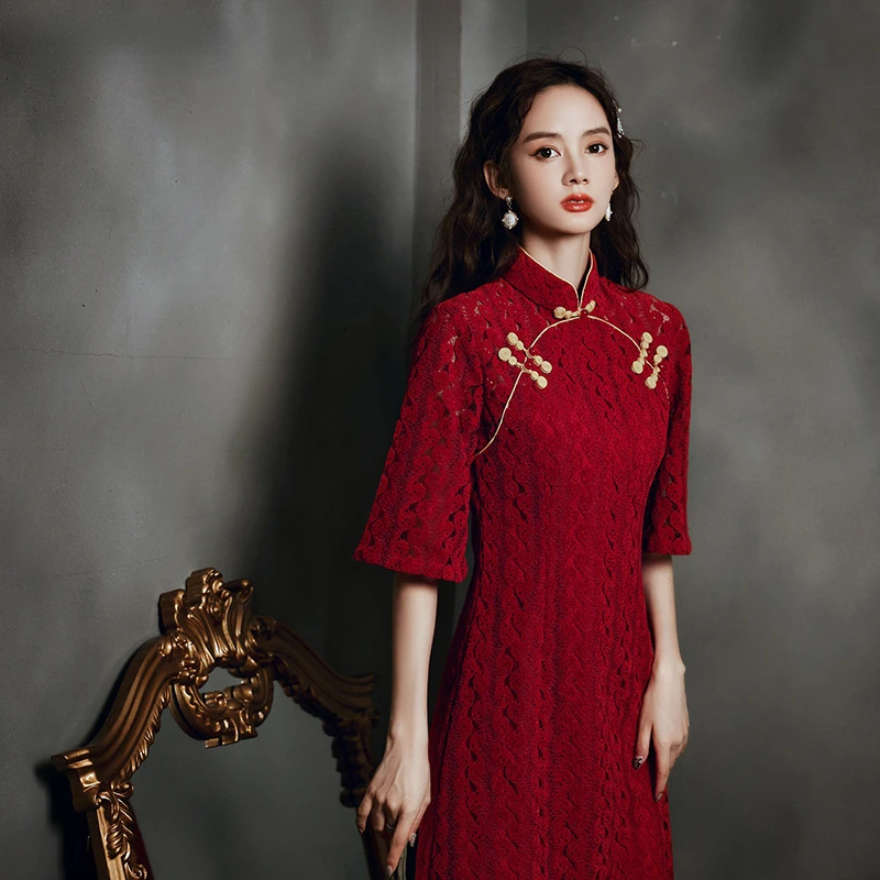 

Chinese Style Red Cheongsam Dresses Traditional Wedding Dresses Female Toast Clothing Vintage Elegant Oriental Bride Qipao Gown