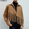 INCERUN Tops American Style Fashion Men's Diagonal Tassel Woolen Jackets Coat Casual Streetwear Male Solid Long Sleeved Jackets 1
