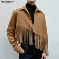INCERUN Tops American Style Fashion Men's Diagonal Tassel Woolen Jackets Coat Casual Streetwear Male Solid Long Sleeved Jackets 1