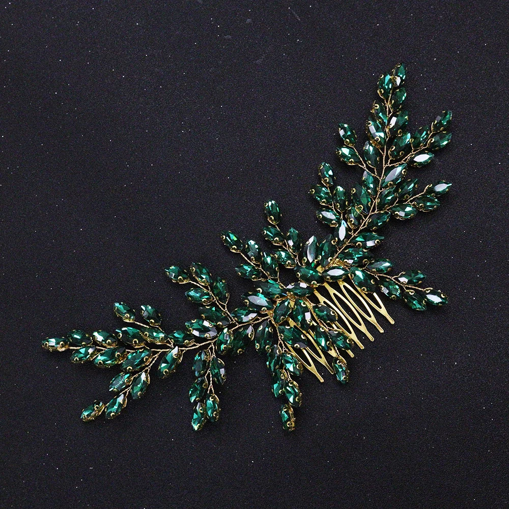 Luxury Green Full Rhinestones Headbands Women Hair Jewelry for Bride Headdress Tiaras Wedding Hair Comb Party Accessories