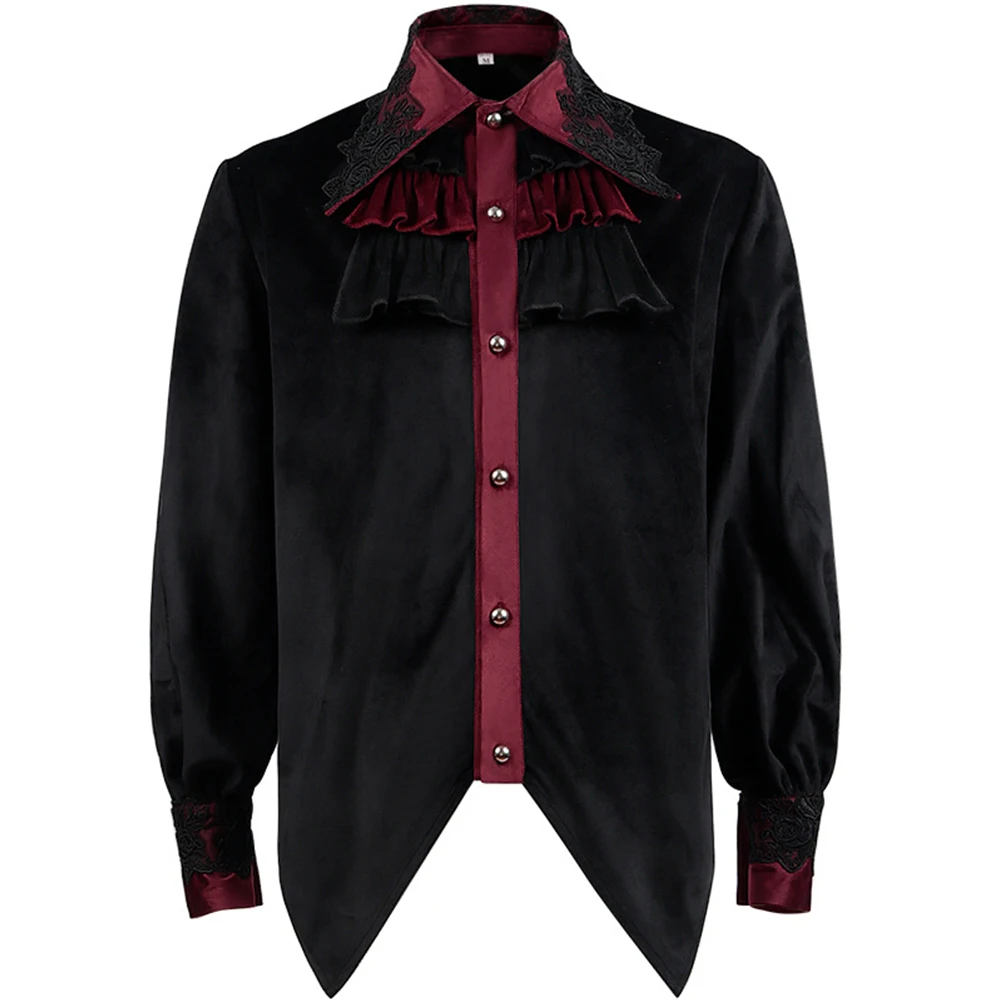 

Mens Gothic Pleated Medieval Long Sleeved Shirt Black Lace Steampunk Aristocrat Blouse Victorian Standing Collar Male Shirt