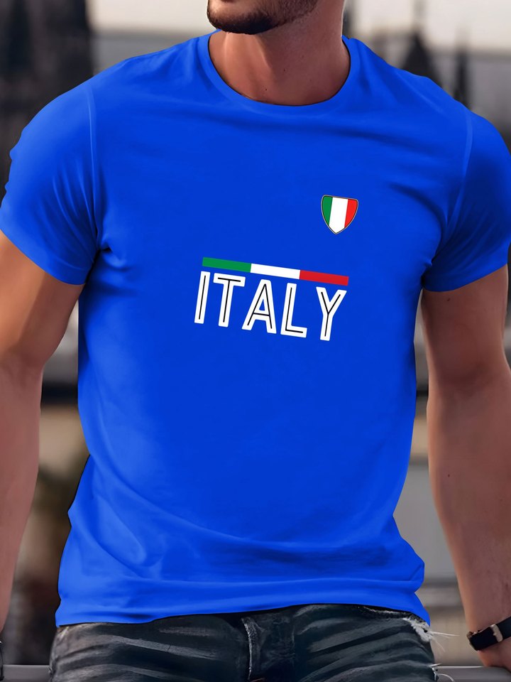 Men's summer 100 cotton fashionable casual sports loose fit plus size Italian letter printed round neck short sleeved T-shirt