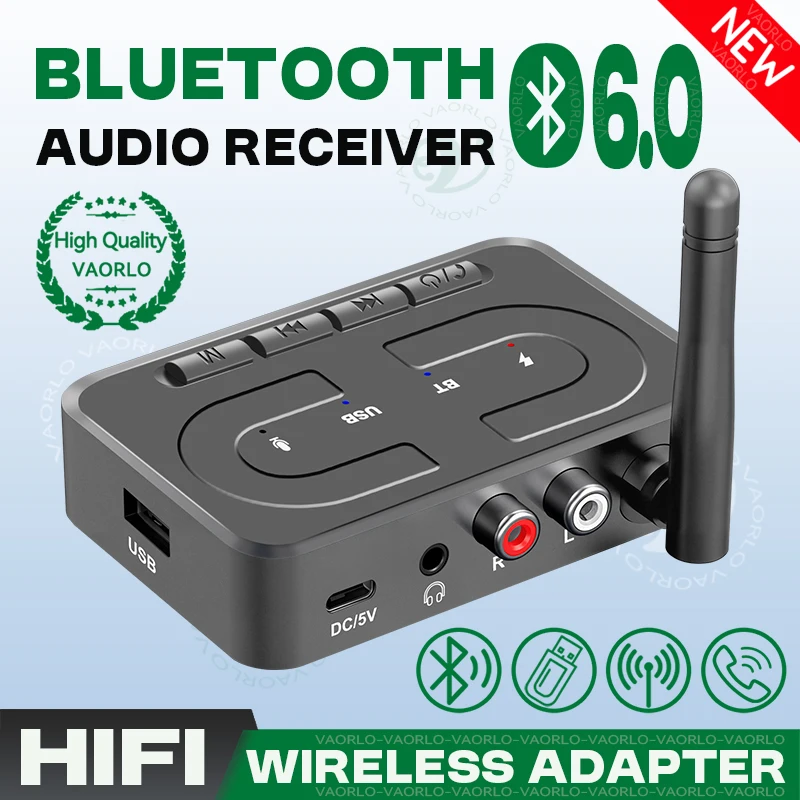 VAORLO 블루투스 6.0 오디오 수신기 3.5mm AUX R/L RCA HD 마이크 HIFI 스테레오 무선 어댑터 안테나 지원 USB U-디스크 재생 차량용 스피커 앰프 데스크탑용