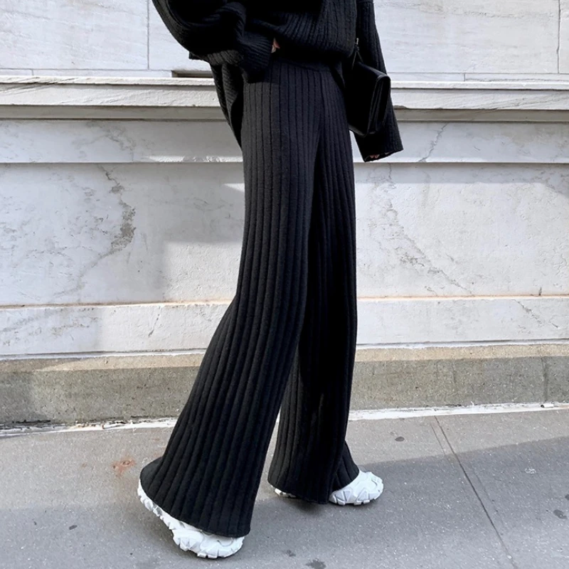Women's Autumn and Winter Wool Knitted Wide-leg Pants Thickened High Waist Mopping Pants Casual Drape Loose Straight Long Pants