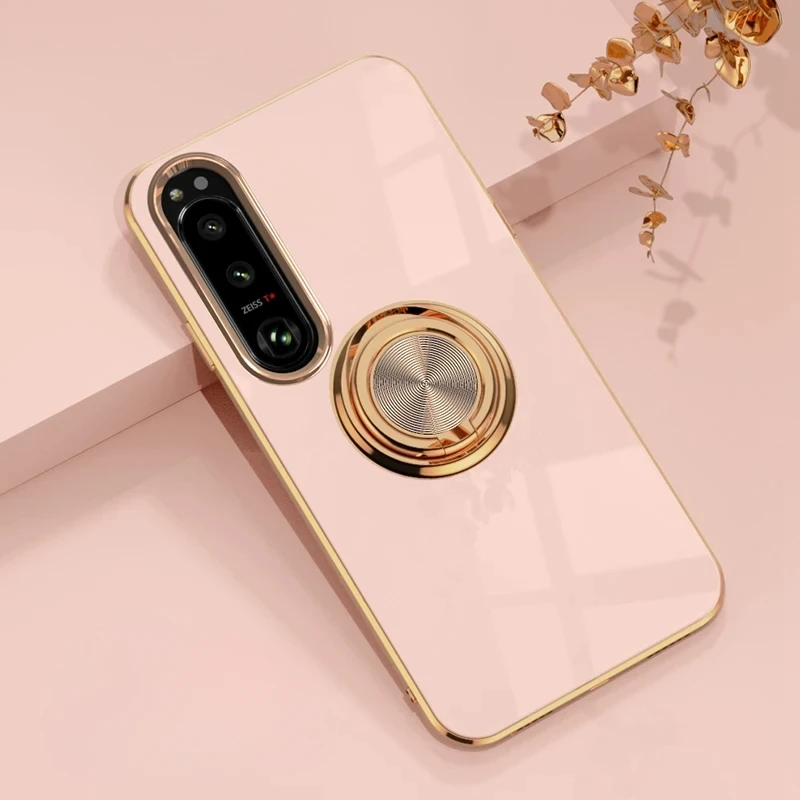 Luxury Plating Gloss Silicone Phone Case with 360° Rotating Ring Holder and Shockproof Design