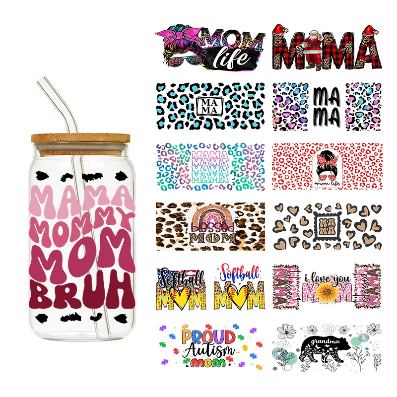 

1PCS Leopard-print Autism Bear Mama Mom Life DIY Waterproof 16 oz Glass UV Cup Design Transfer Sticker UV Dtf Leopard Cup Wrap