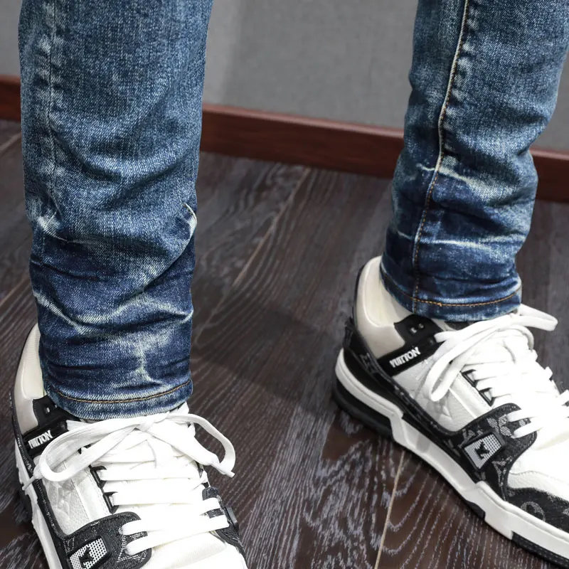 High Street Fashion Men Jeans Retro Blue Stretch Skinny Fit Ripped Jeans Men Leather Patched Designer Hip Hop Brand Pants Hombre