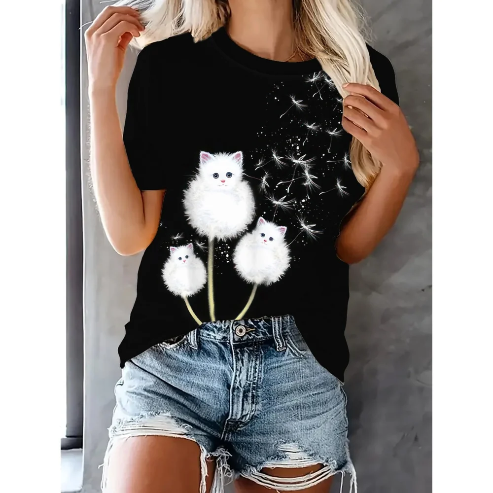 

Cute Cat 3d Print Women's T-Shirt Summer Fashion Short Sleeved Casual Top Breathable Micro Elastic T-Shirt Women's Clothing