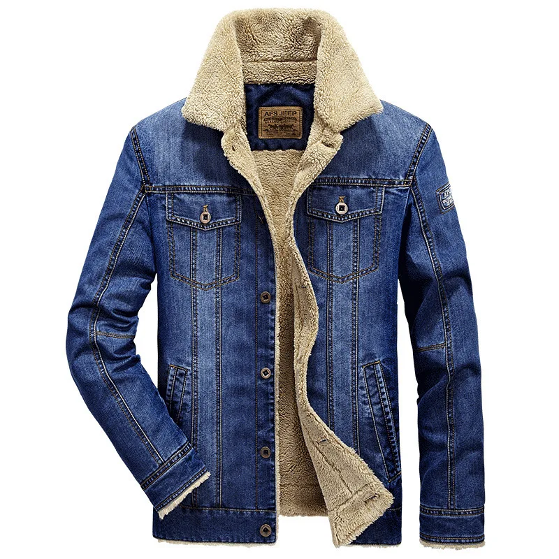 

Men Fleece Jeans Jacket Winter Casual Warm Bomber Jackets Coat Mens Cotton Fashion Aviator Button Cowboy Denim Outwear Windbreak