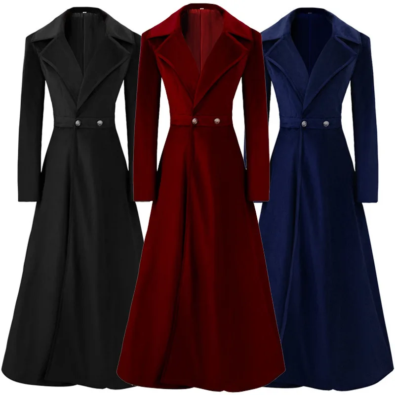 

Vintage Women Medieval Long Coat Autumn Slim Waist Maxi Winter Dress Velvet 19th Century Retro Trench Coat