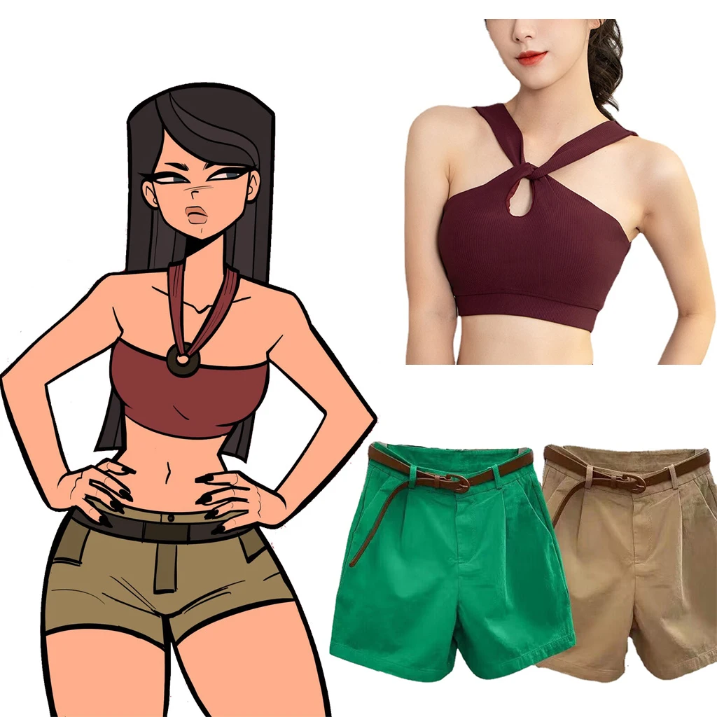 

Anime Total Drama Heather Cosplay Costume Heather Cos Halterneck Red Crop Top Green Shorts Set Halloween Carnival Outfits