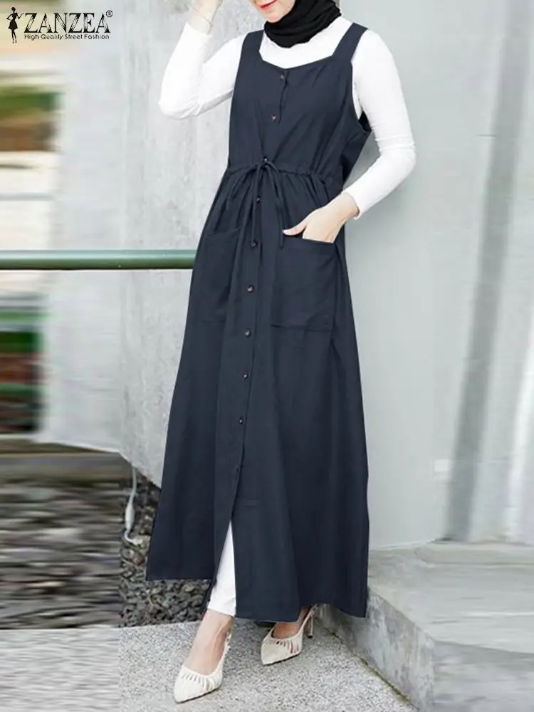 

ZANZEA Women Muslim Long Dress Turkey Abaya Isamic Clothing Hijab Vestido Ramadan Robe Dubai Kaftan Vintage Suspenders Sundress