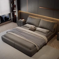 Lit double avec dossier souple, cadre de lit moderne de luxe, table de chevet, meubles de maison en bois massif, décoration esthétique pour chambre à coucher 2