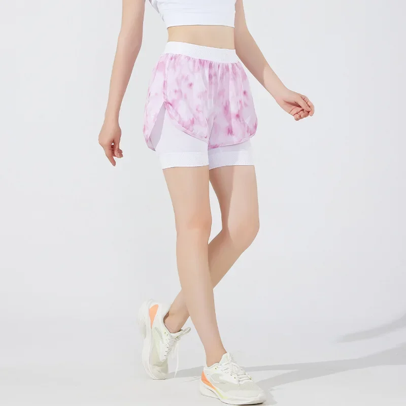 New Colorful Print Summer Women's Sports Cool Feeling Yoga High Waist Shorts Fake Two-Piece Running Shorts Breathable Comfortabl