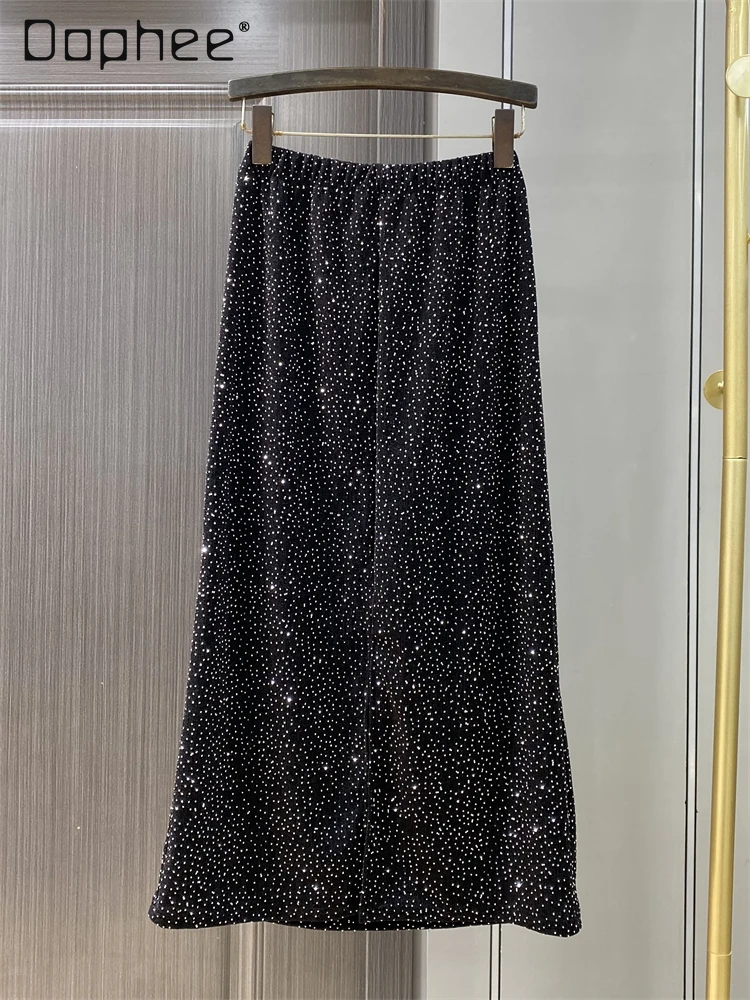 

Woman Metallic Bright Silk Rhinestone Sheath Midi Skirts 2024 Summer Vintage Starry Sky Shiny Slimming Fishtail Skirts for Women