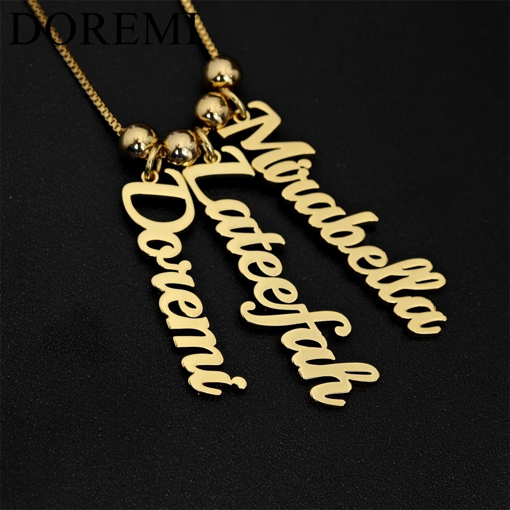 DOREMI Thin Box Chain Multi Names Necklace Gift Custom Jewelry Stainless Steel Personalized Name Necklace Beads Women Necklace