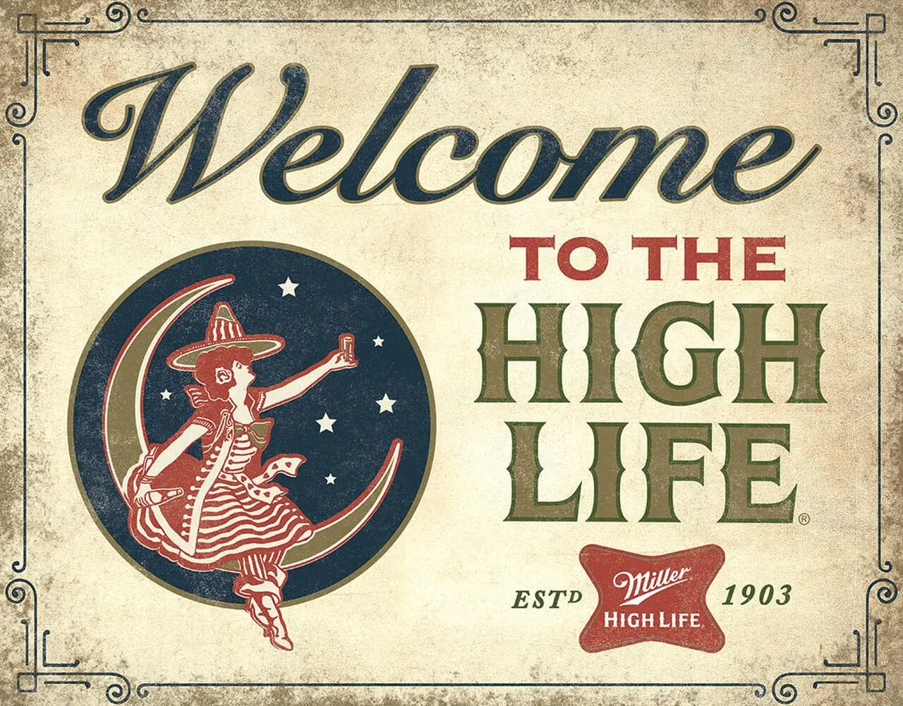 

Desperate Enterprises Welcome to the High Life - Miller High Life Tin Sign - Nostalgic Vintage Metal Wall Decor - Made in USA