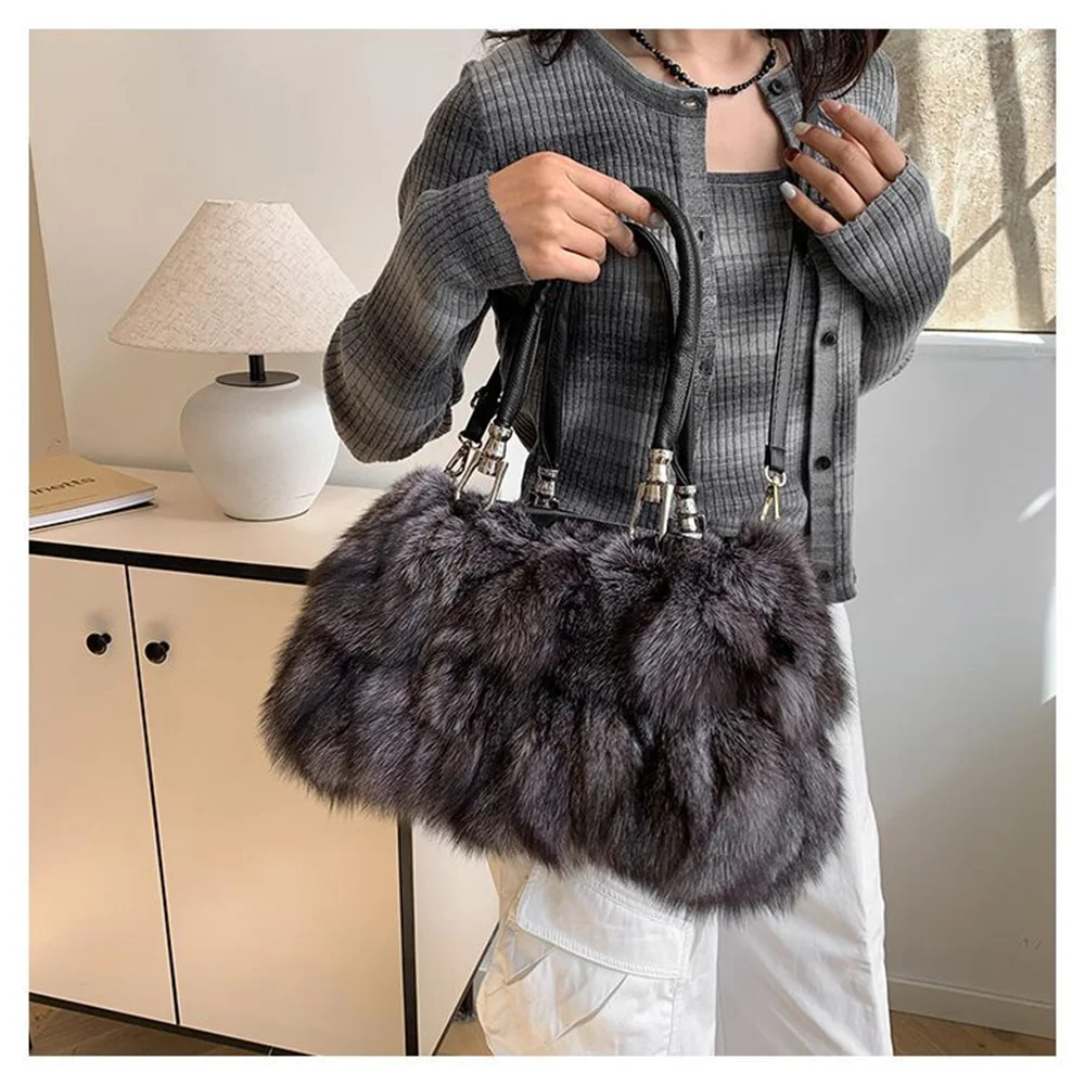 Lässige Echtleder-Fuchsfell-Tragetaschen für Damen, Große Kapazität Schultertaschen für Frauen 2026 Neue Luxus-Mode Flauschige Handtaschen – Detail 14