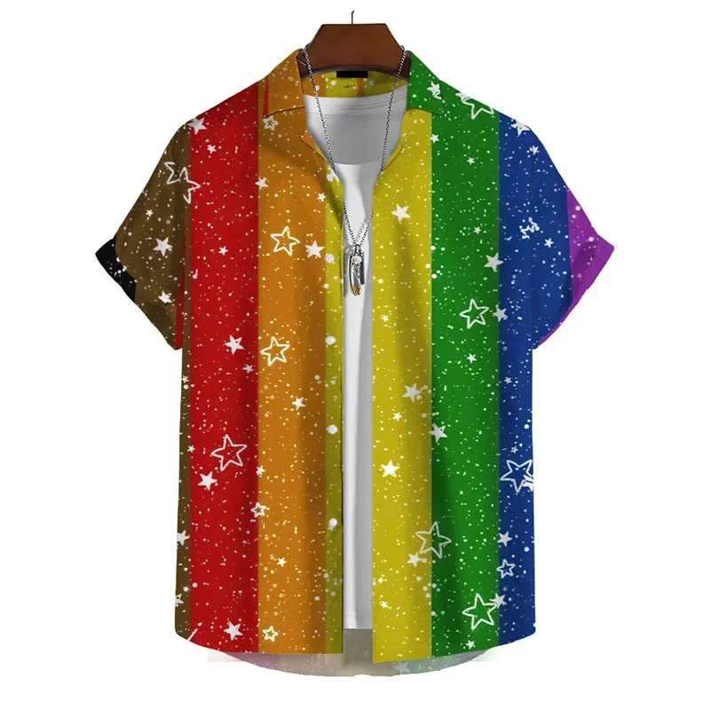 3d Print Rainbow Shirt Men Summer Lapel Short Sleeved Holiday Party Shirts Streetwear Hip Hop Blouse Tops Male Clothing