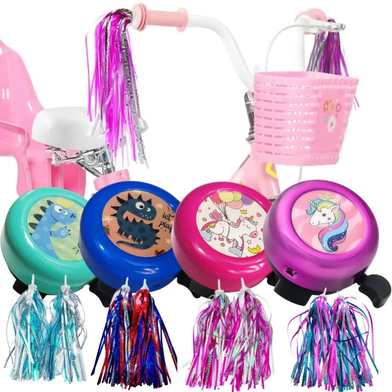 Kids Bicycle Handlebar Scooter Streamers Sparkle Laser Color Tassel Ribbon and Cartoon Bell Bike Accessory