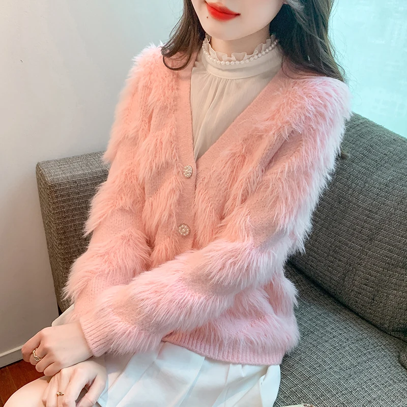 

Imitation Mink Soft Knit Cardigans For Wman 2023 Autumn Winter Korea Fashion Short Chic Top Street Casual Sweater Coat Women